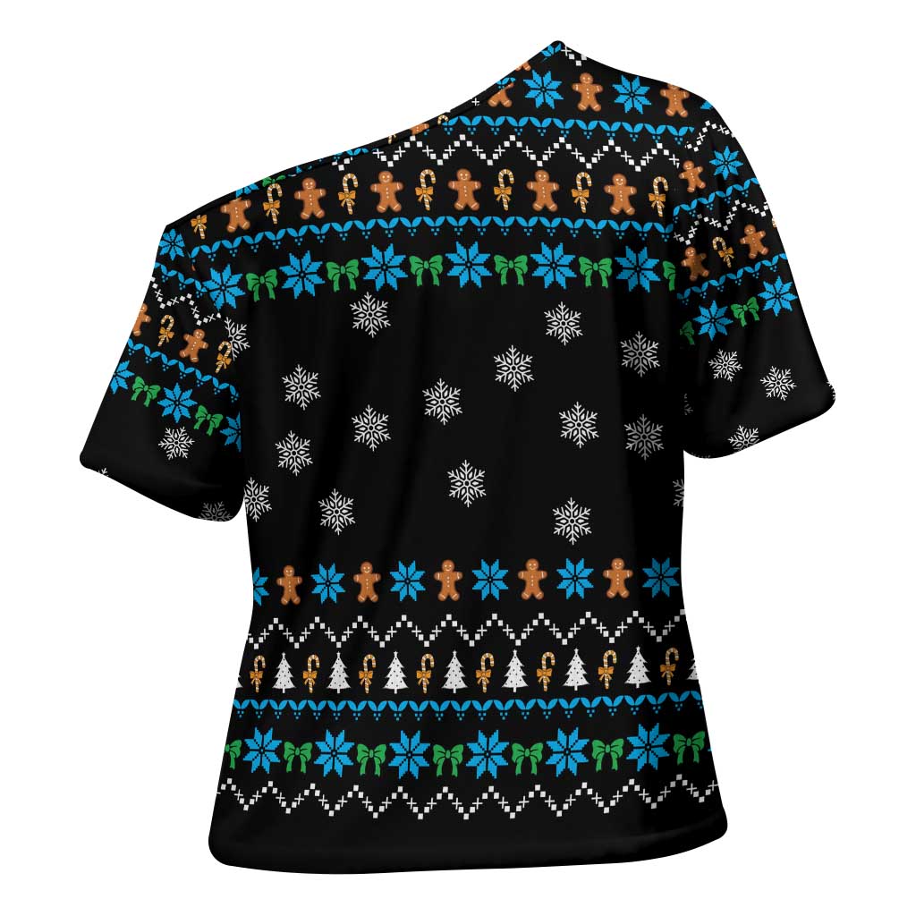 Funny Santa Riding Dinosaur Christmas Cross Shoulder Shirt Gingerbread Snowflake Pattern - Wonder Print Shop