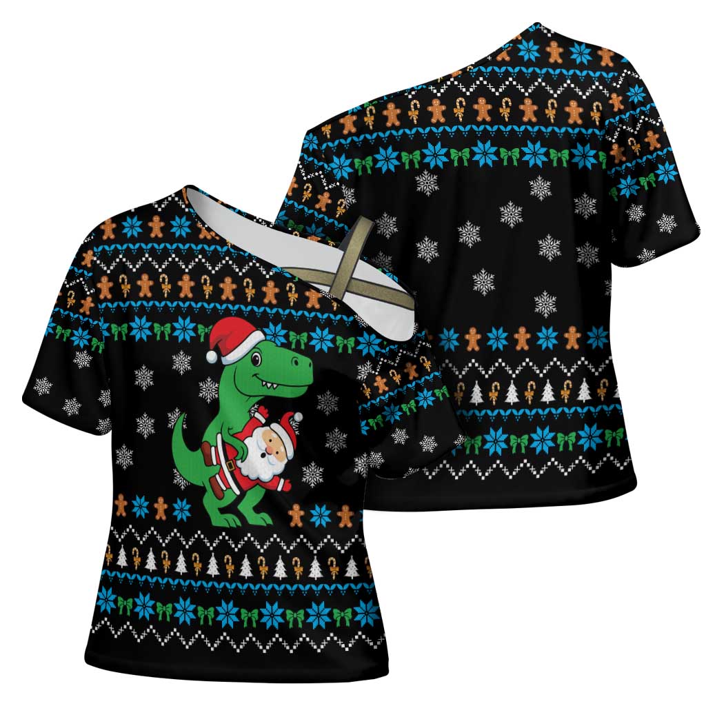 Funny Santa Riding Dinosaur Christmas Cross Shoulder Shirt Gingerbread Snowflake Pattern - Wonder Print Shop