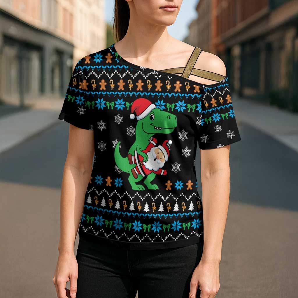 Funny Santa Riding Dinosaur Christmas Cross Shoulder Shirt Gingerbread Snowflake Pattern - Wonder Print Shop