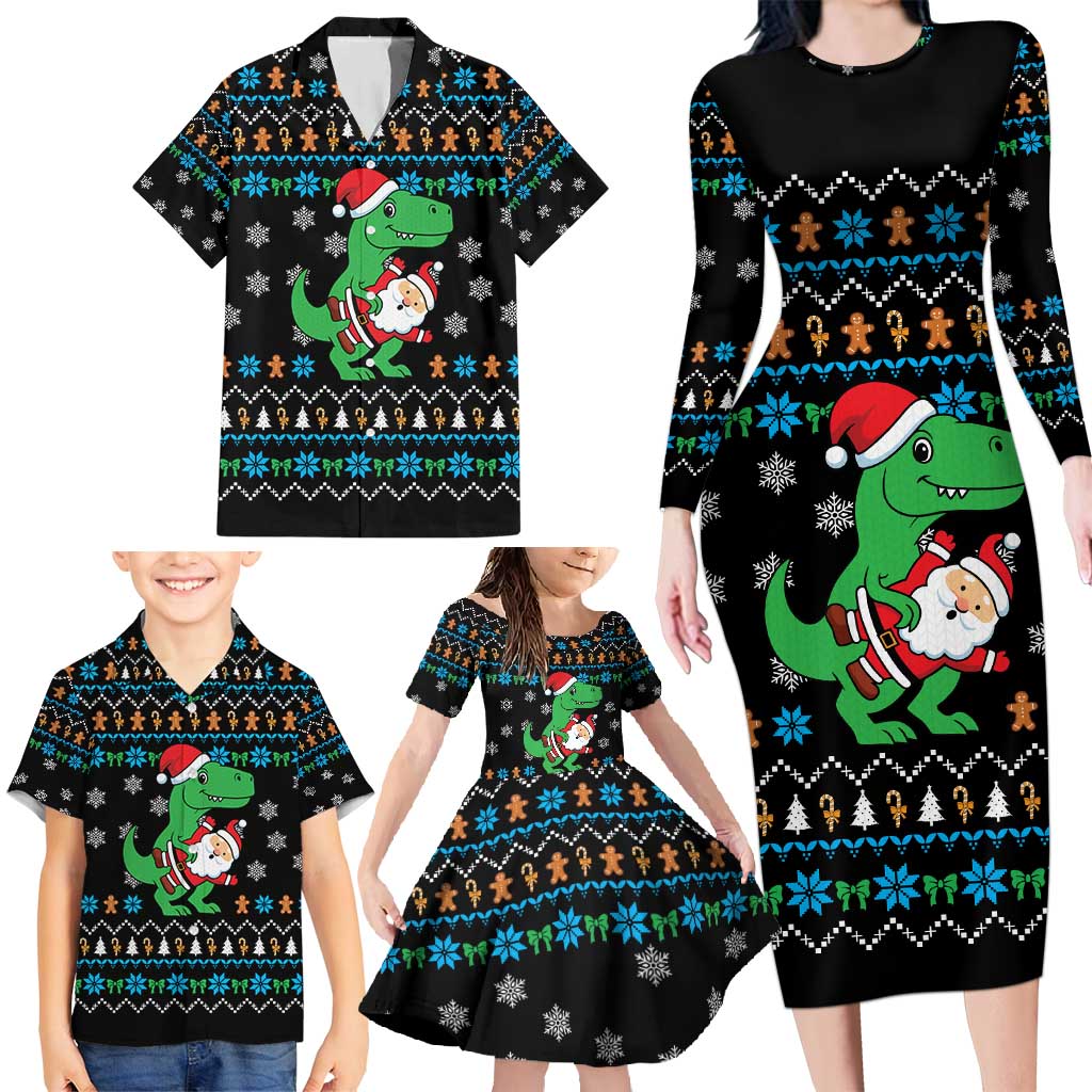 Funny Santa Riding Dinosaur Christmas Family Matching Long Sleeve Bodycon Dress and Hawaiian Shirt Gingerbread Snowflake Pattern - Wonder Print Shop
