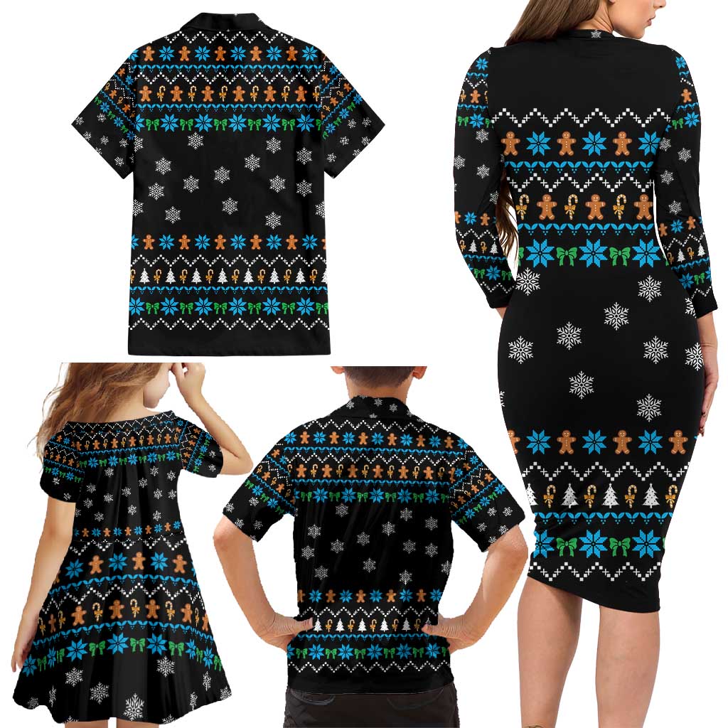 Funny Santa Riding Dinosaur Christmas Family Matching Long Sleeve Bodycon Dress and Hawaiian Shirt Gingerbread Snowflake Pattern - Wonder Print Shop