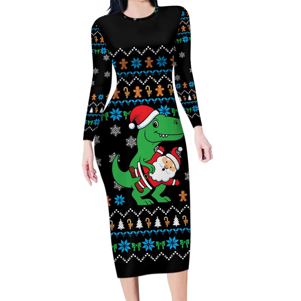 Funny Santa Riding Dinosaur Christmas Family Matching Long Sleeve Bodycon Dress and Hawaiian Shirt Gingerbread Snowflake Pattern - Wonder Print Shop