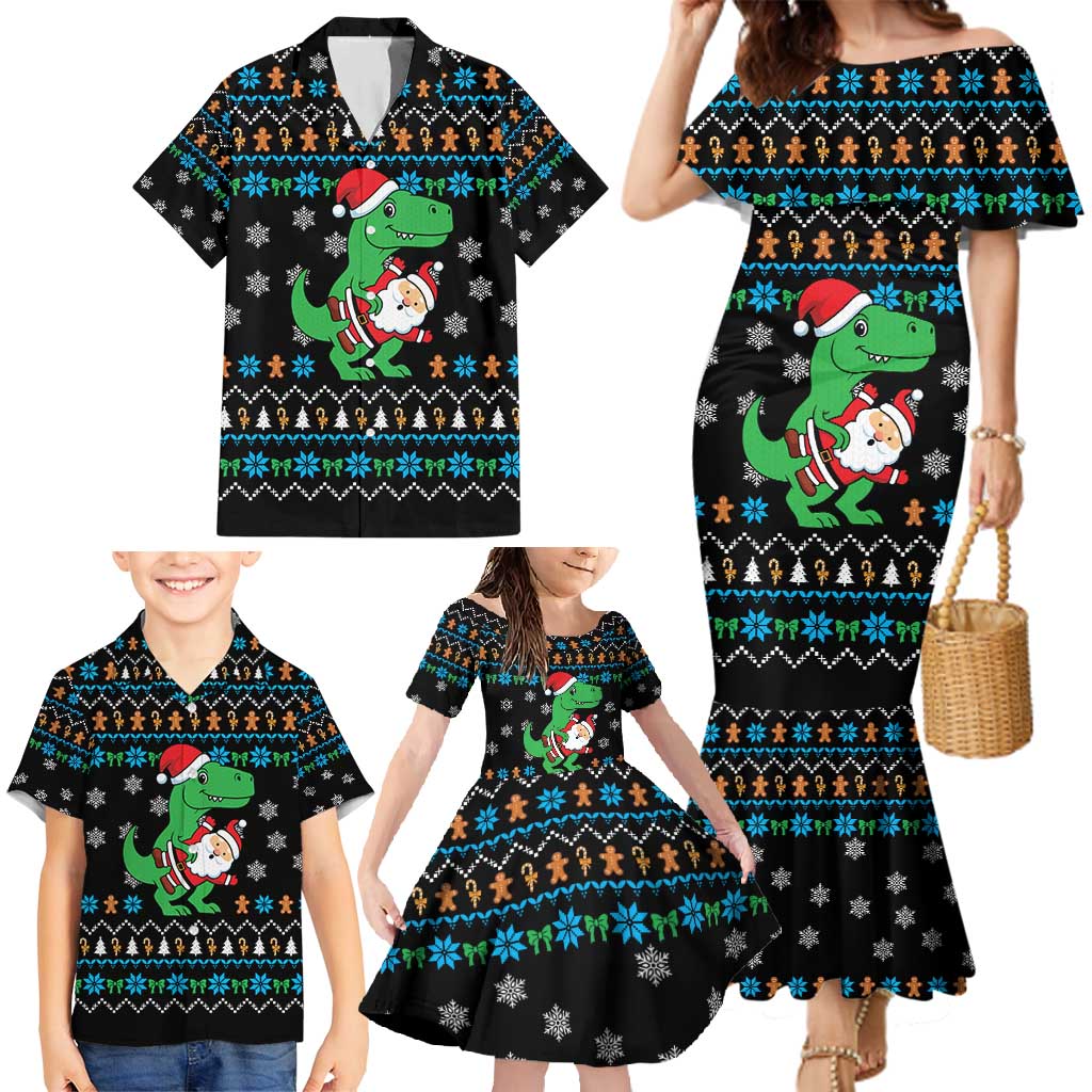 Funny Santa Riding Dinosaur Christmas Family Matching Mermaid Dress and Hawaiian Shirt Gingerbread Snowflake Pattern - Wonder Print Shop