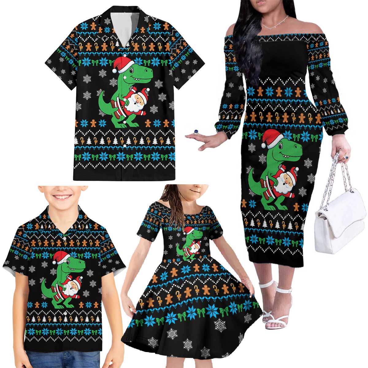 Funny Santa Riding Dinosaur Christmas Family Matching Off The Shoulder Long Sleeve Dress and Hawaiian Shirt Gingerbread Snowflake Pattern - Wonder Print Shop