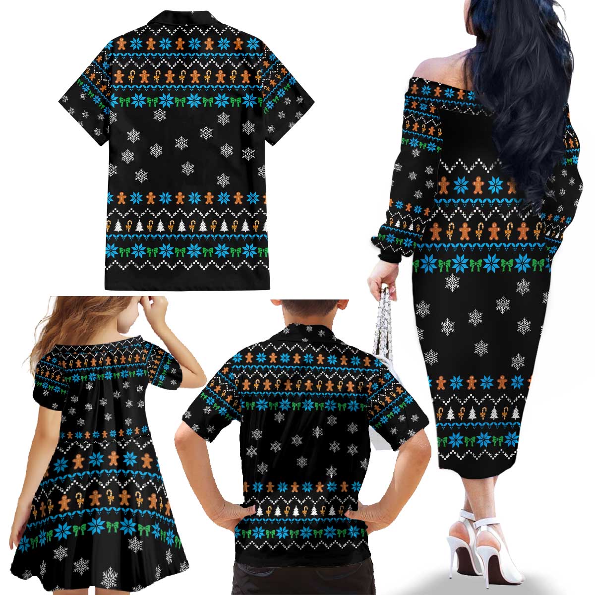 Funny Santa Riding Dinosaur Christmas Family Matching Off The Shoulder Long Sleeve Dress and Hawaiian Shirt Gingerbread Snowflake Pattern - Wonder Print Shop