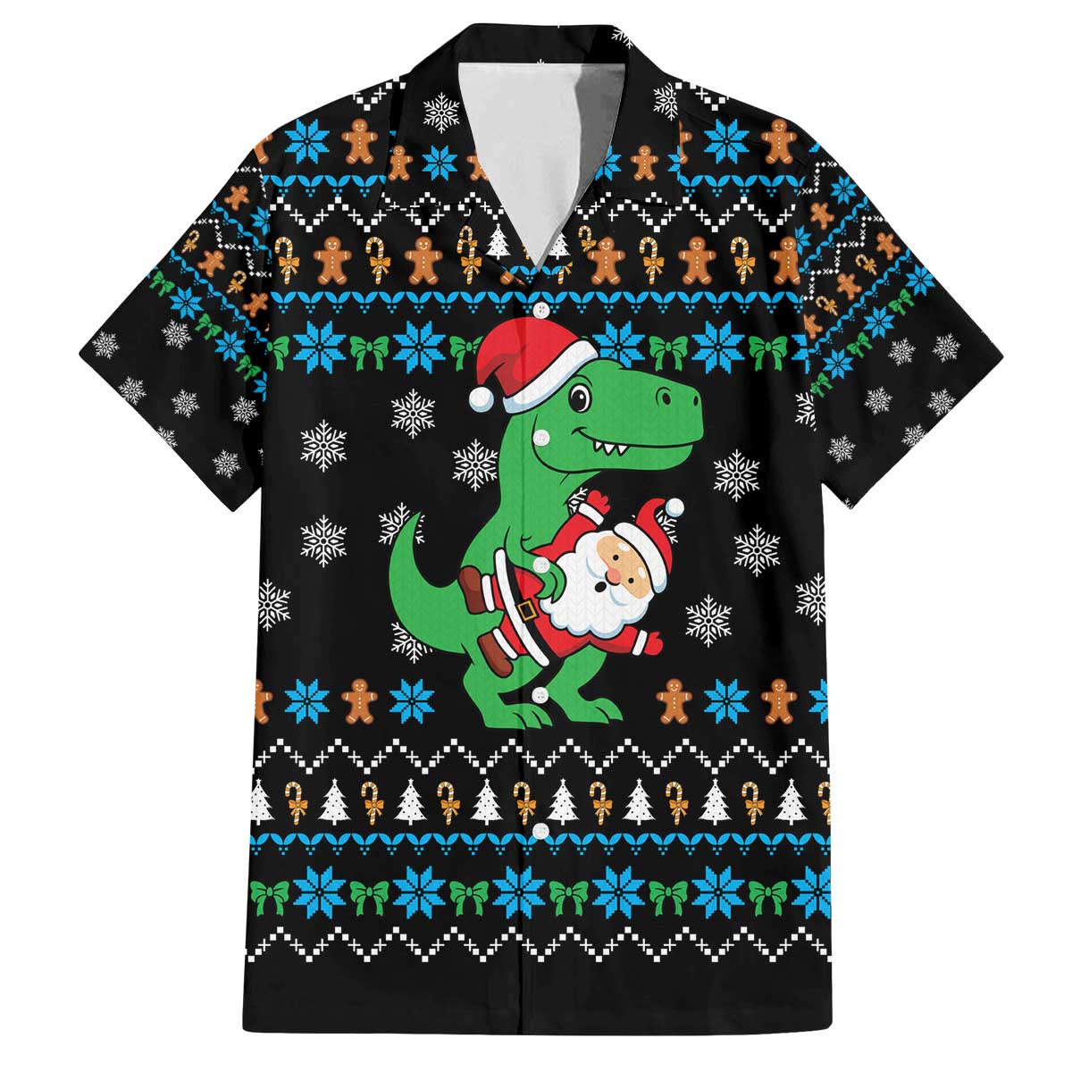 Funny Santa Riding Dinosaur Christmas Family Matching Off The Shoulder Long Sleeve Dress and Hawaiian Shirt Gingerbread Snowflake Pattern - Wonder Print Shop
