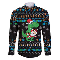Funny Santa Riding Dinosaur Christmas Family Matching Off The Shoulder Long Sleeve Dress and Hawaiian Shirt Gingerbread Snowflake Pattern - Wonder Print Shop