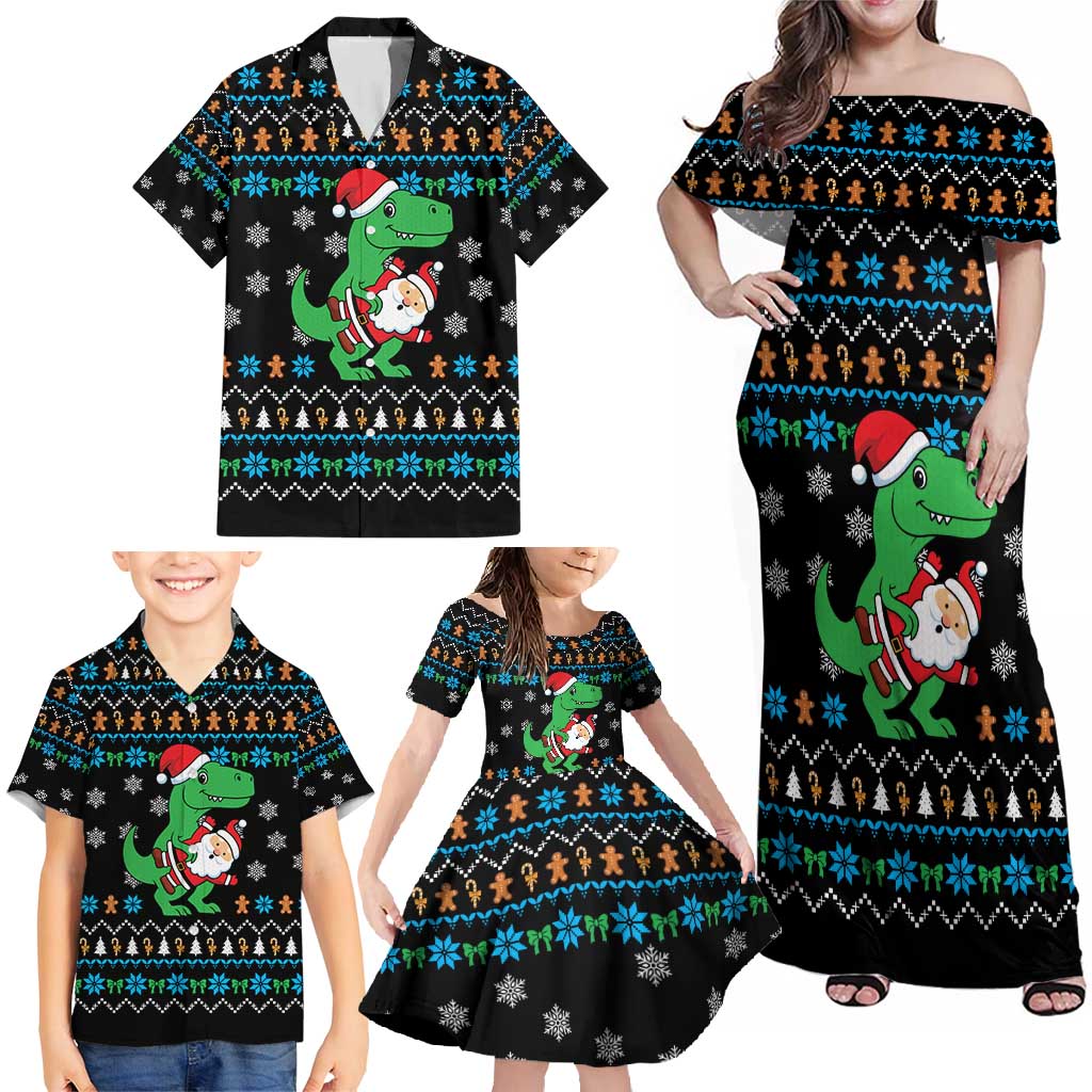 Funny Santa Riding Dinosaur Christmas Family Matching Off Shoulder Maxi Dress and Hawaiian Shirt Gingerbread Snowflake Pattern - Wonder Print Shop