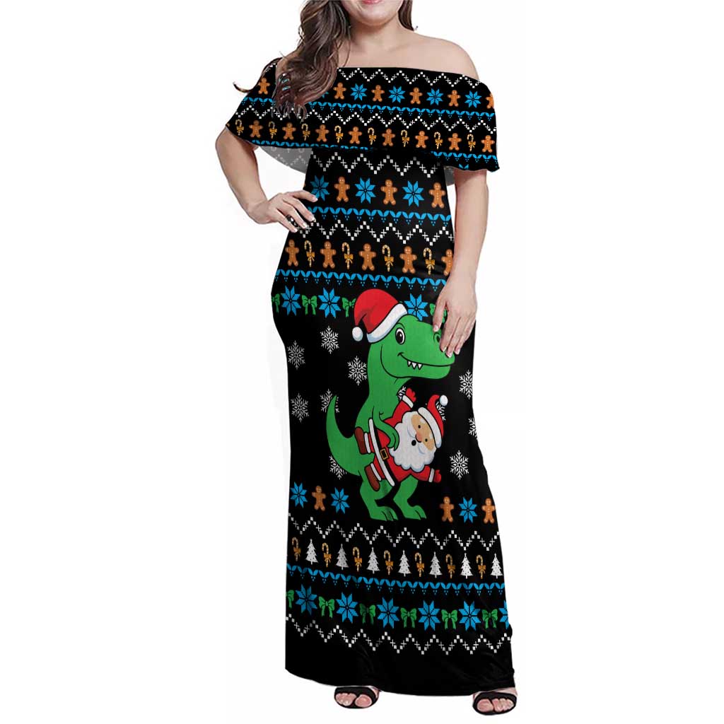Funny Santa Riding Dinosaur Christmas Family Matching Off Shoulder Maxi Dress and Hawaiian Shirt Gingerbread Snowflake Pattern - Wonder Print Shop