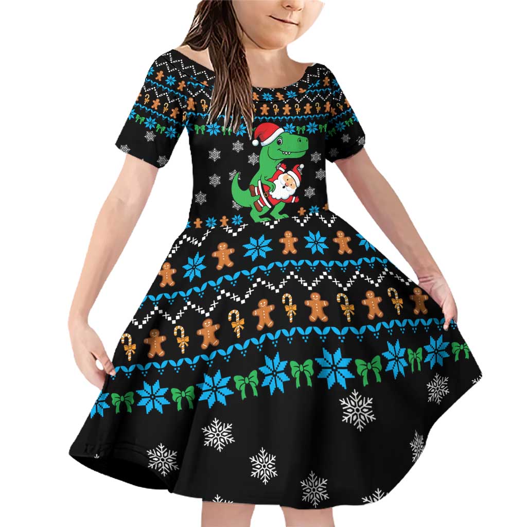 Funny Santa Riding Dinosaur Christmas Family Matching Off Shoulder Short Dress and Hawaiian Shirt Gingerbread Snowflake Pattern - Wonder Print Shop