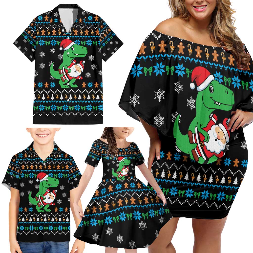 Funny Santa Riding Dinosaur Christmas Family Matching Off Shoulder Short Dress and Hawaiian Shirt Gingerbread Snowflake Pattern - Wonder Print Shop