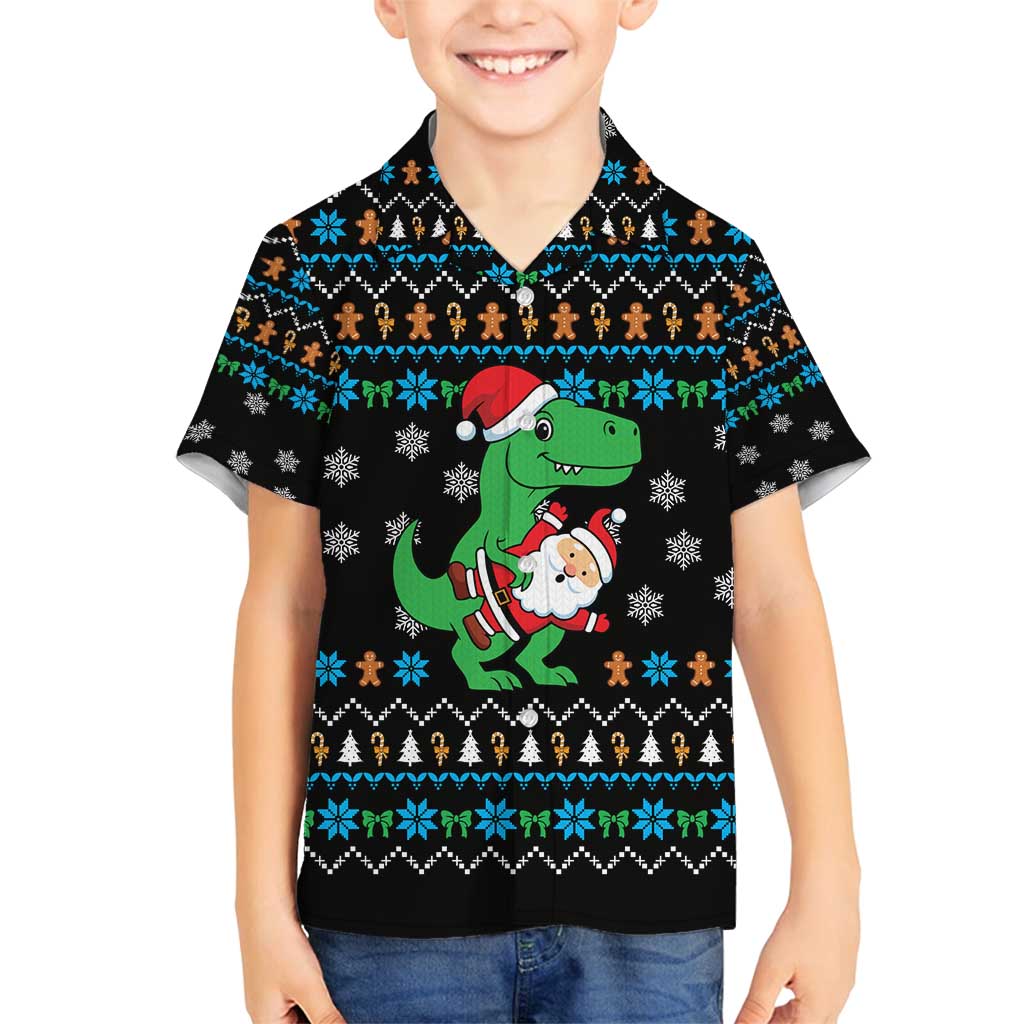 Funny Santa Riding Dinosaur Christmas Family Matching Off Shoulder Short Dress and Hawaiian Shirt Gingerbread Snowflake Pattern - Wonder Print Shop