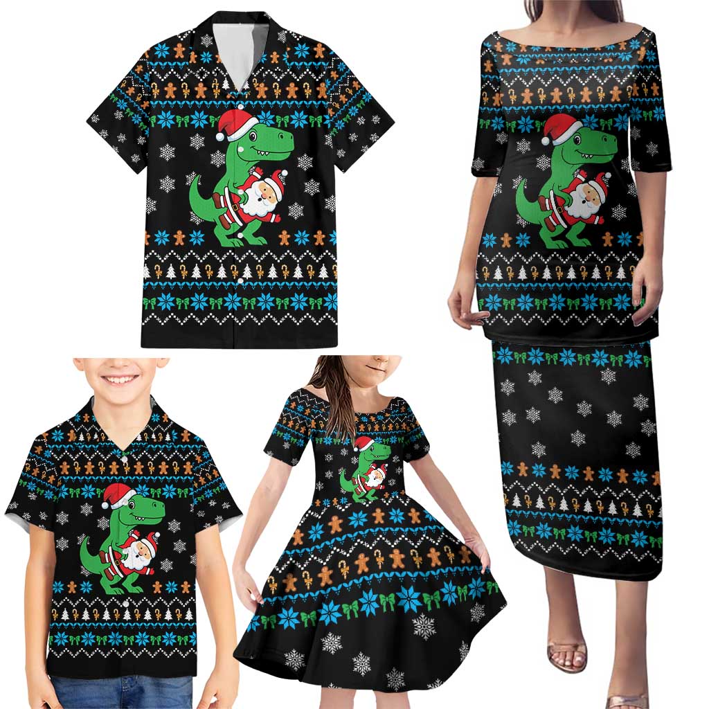 Funny Santa Riding Dinosaur Christmas Family Matching Puletasi and Hawaiian Shirt Gingerbread Snowflake Pattern - Wonder Print Shop