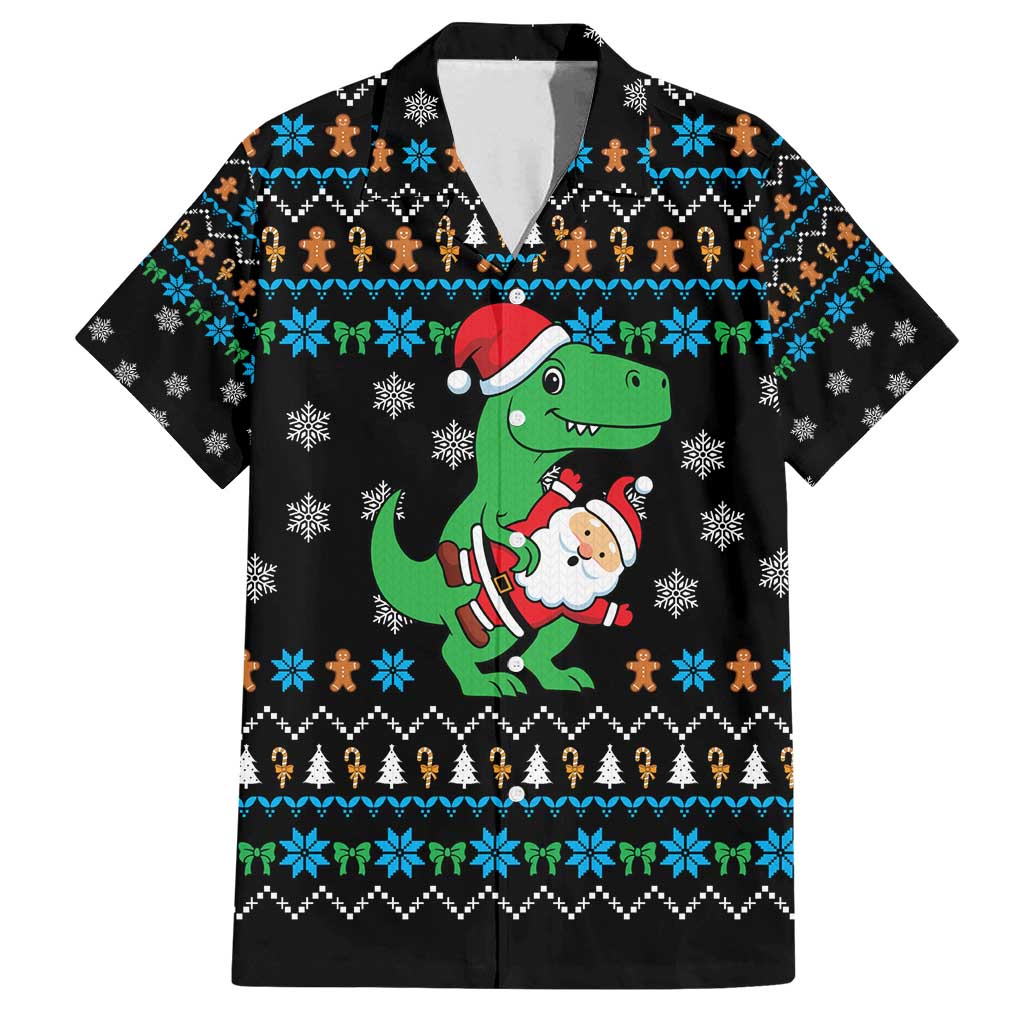 Funny Santa Riding Dinosaur Christmas Family Matching Puletasi and Hawaiian Shirt Gingerbread Snowflake Pattern - Wonder Print Shop