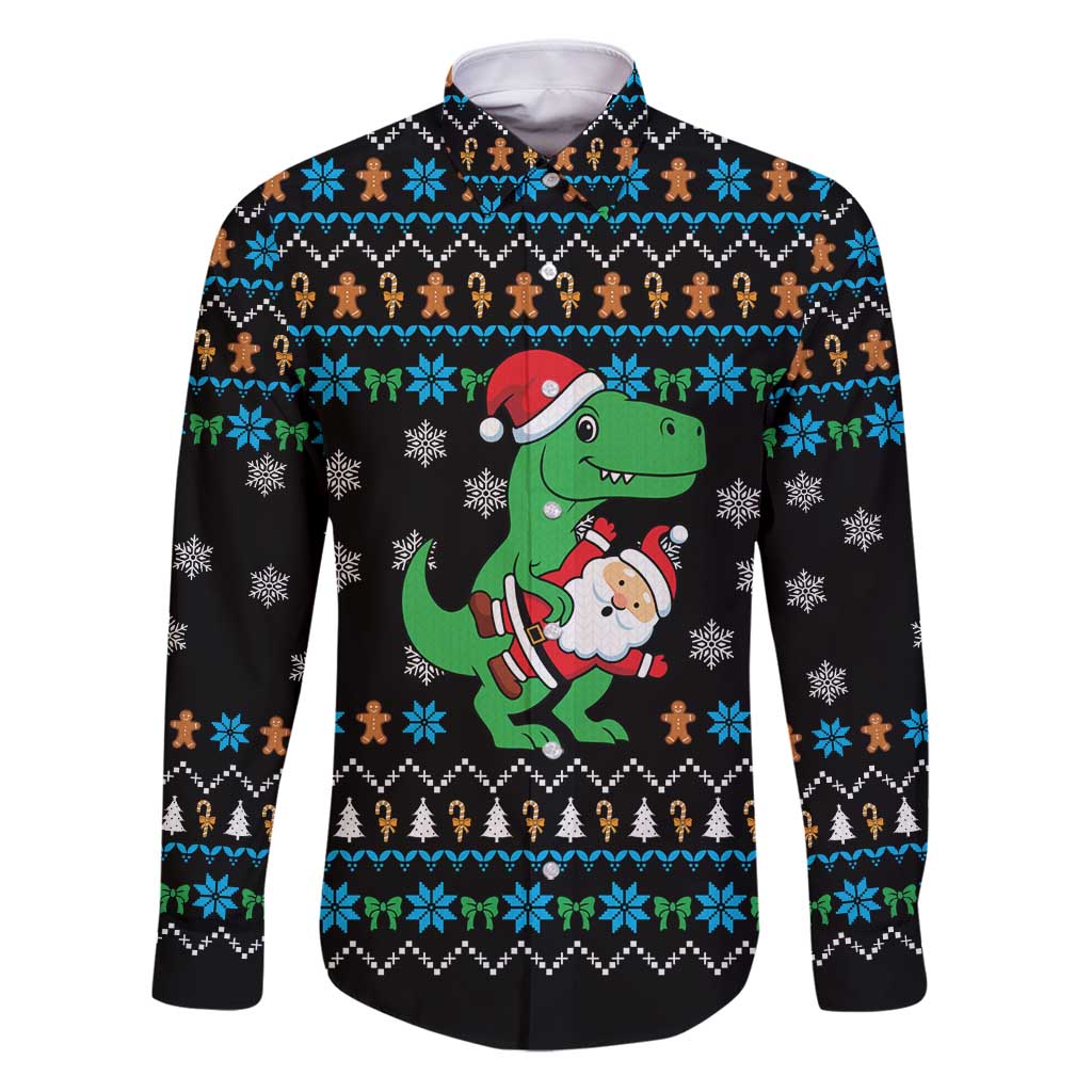 Funny Santa Riding Dinosaur Christmas Family Matching Puletasi and Hawaiian Shirt Gingerbread Snowflake Pattern - Wonder Print Shop