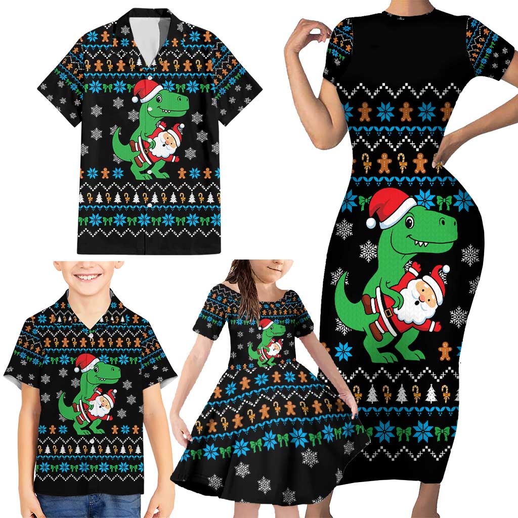 Funny Santa Riding Dinosaur Christmas Family Matching Short Sleeve Bodycon Dress and Hawaiian Shirt Gingerbread Snowflake Pattern - Wonder Print Shop