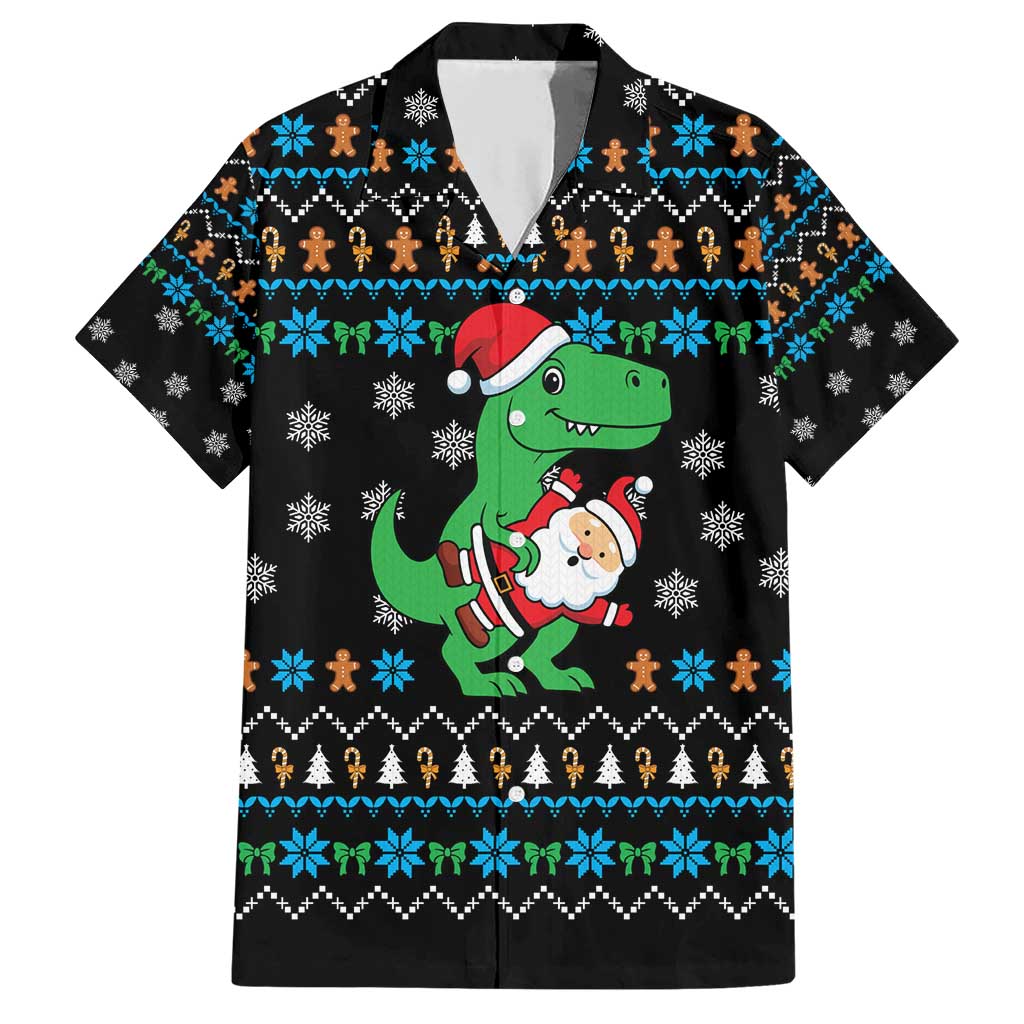 Funny Santa Riding Dinosaur Christmas Family Matching Short Sleeve Bodycon Dress and Hawaiian Shirt Gingerbread Snowflake Pattern - Wonder Print Shop