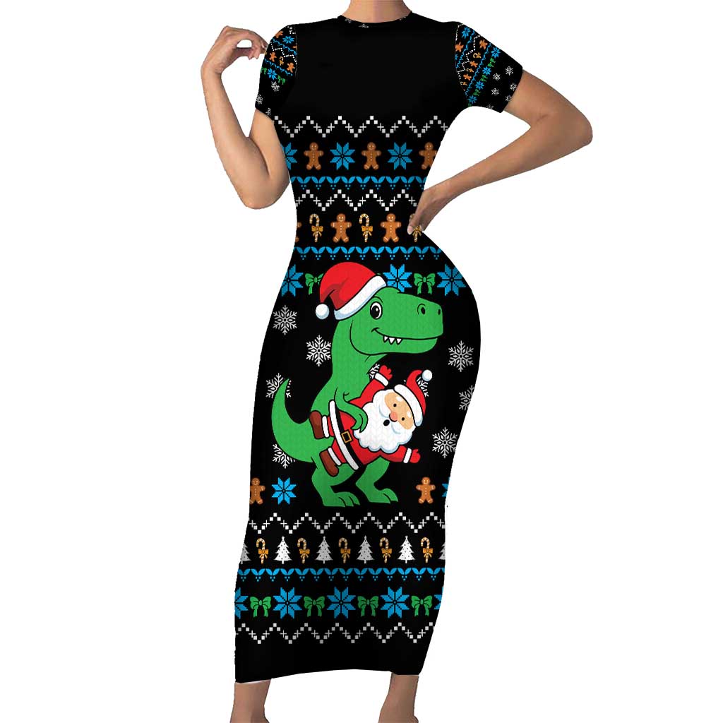 Funny Santa Riding Dinosaur Christmas Family Matching Short Sleeve Bodycon Dress and Hawaiian Shirt Gingerbread Snowflake Pattern - Wonder Print Shop