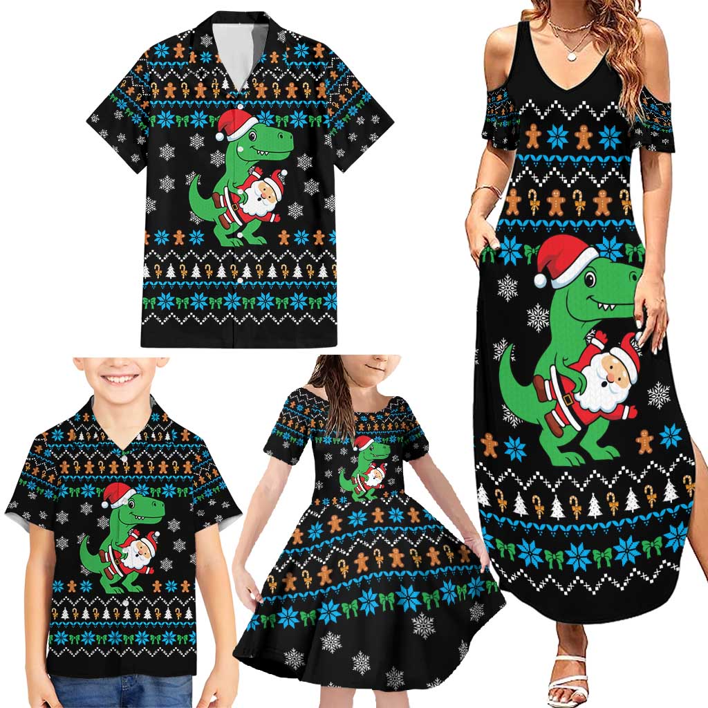 Funny Santa Riding Dinosaur Christmas Family Matching Summer Maxi Dress and Hawaiian Shirt Gingerbread Snowflake Pattern - Wonder Print Shop