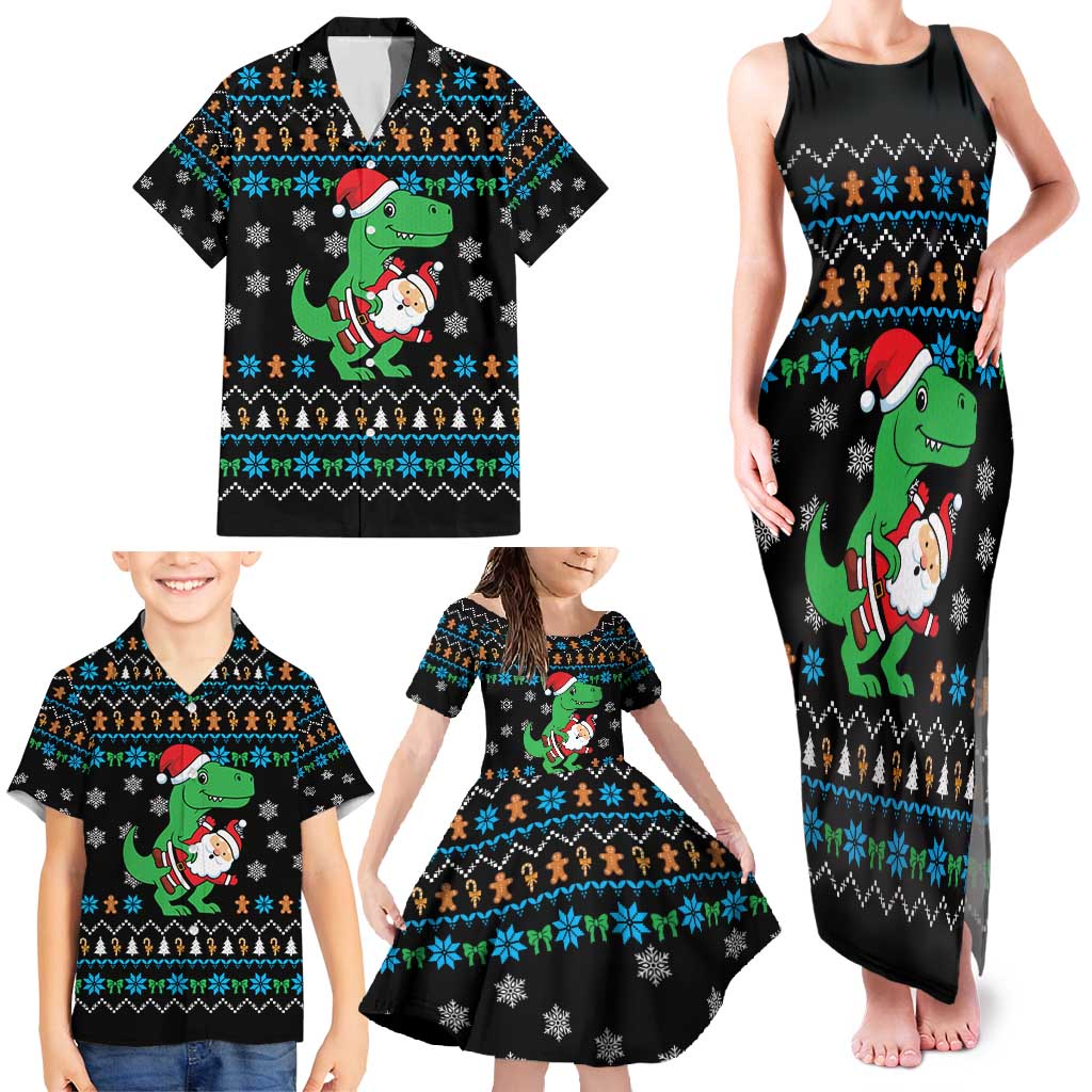 Funny Santa Riding Dinosaur Christmas Family Matching Tank Maxi Dress and Hawaiian Shirt Gingerbread Snowflake Pattern - Wonder Print Shop