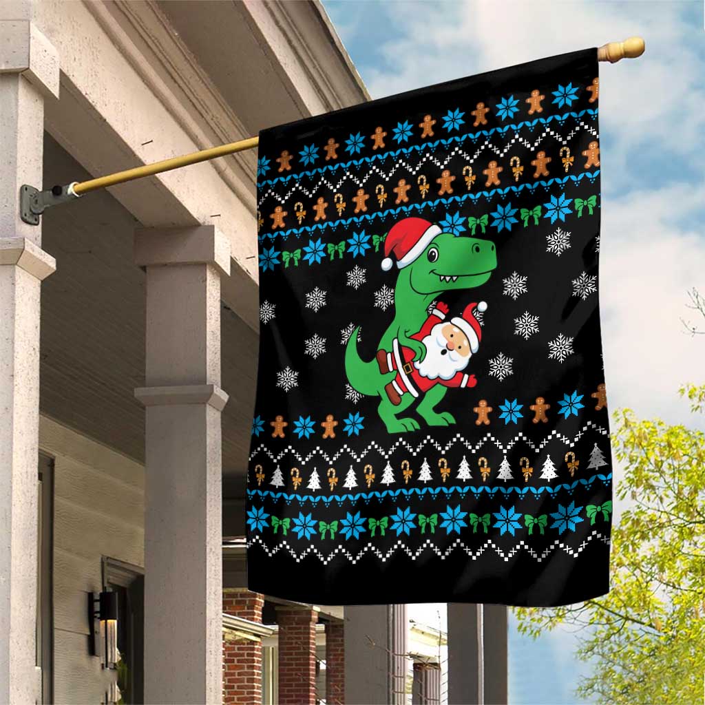 Funny Santa Riding Dinosaur Christmas Garden Flag Gingerbread Snowflake Pattern - Wonder Print Shop