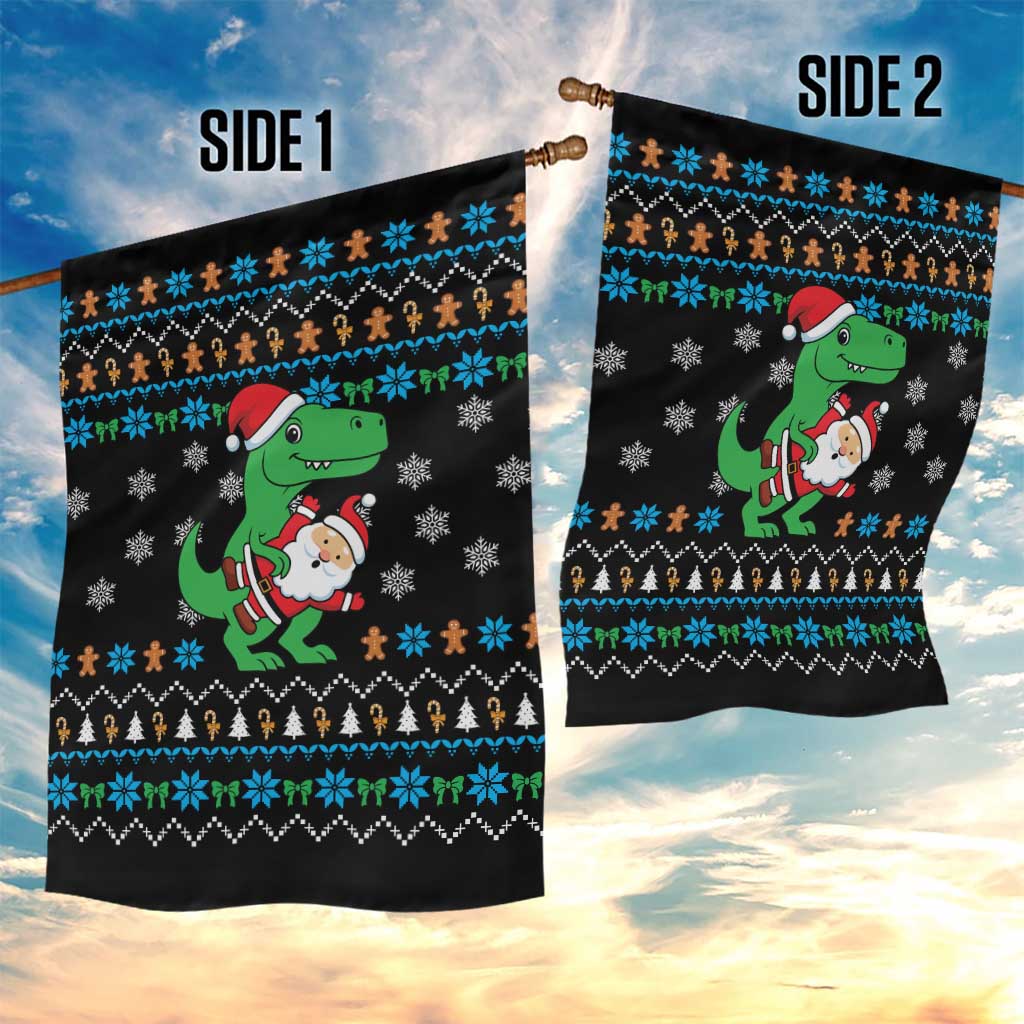 Funny Santa Riding Dinosaur Christmas Garden Flag Gingerbread Snowflake Pattern - Wonder Print Shop