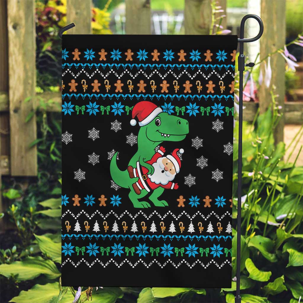 Funny Santa Riding Dinosaur Christmas Garden Flag Gingerbread Snowflake Pattern - Wonder Print Shop