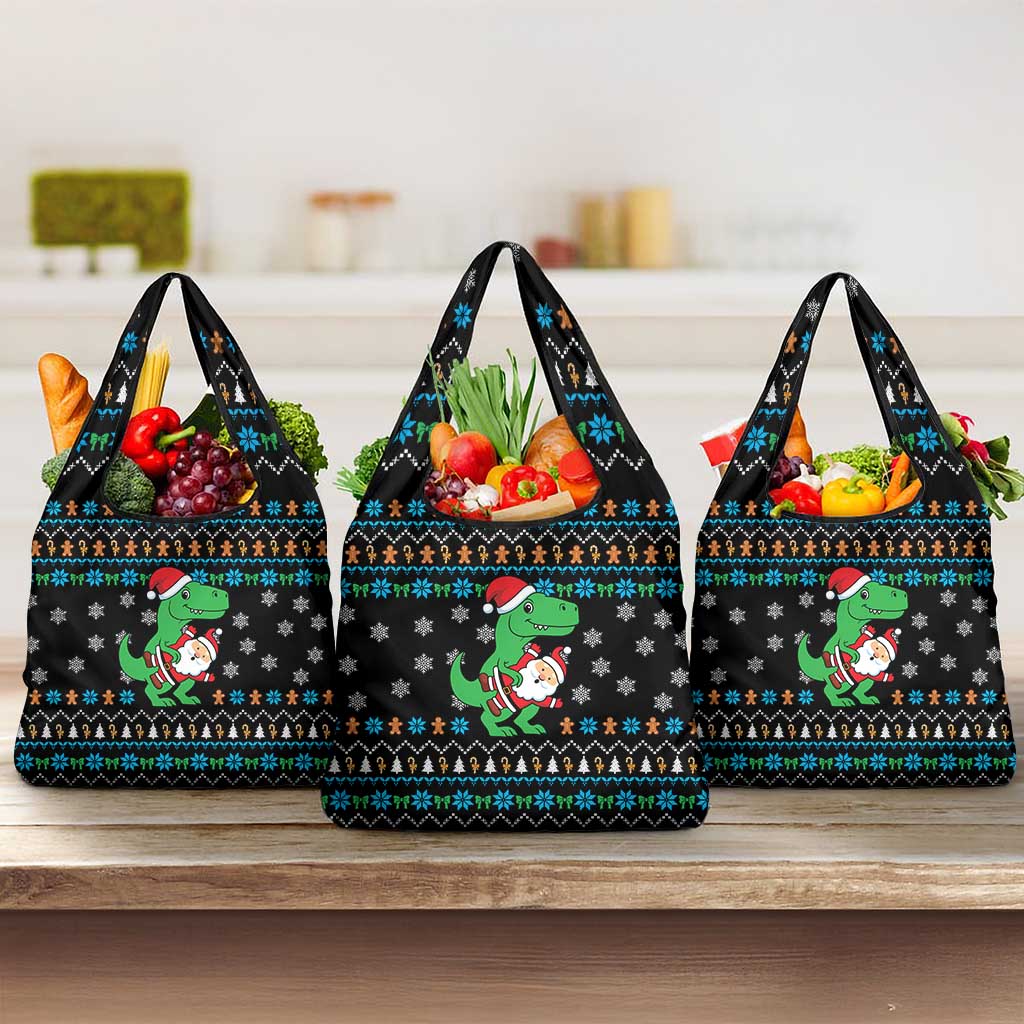 Funny Santa Riding Dinosaur Christmas Grocery Bag Gingerbread Snowflake Pattern - Wonder Print Shop