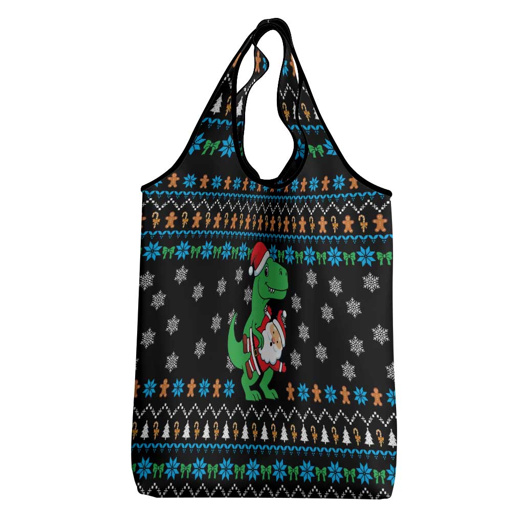 Funny Santa Riding Dinosaur Christmas Grocery Bag Gingerbread Snowflake Pattern - Wonder Print Shop