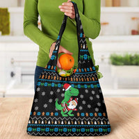 Funny Santa Riding Dinosaur Christmas Grocery Bag Gingerbread Snowflake Pattern - Wonder Print Shop