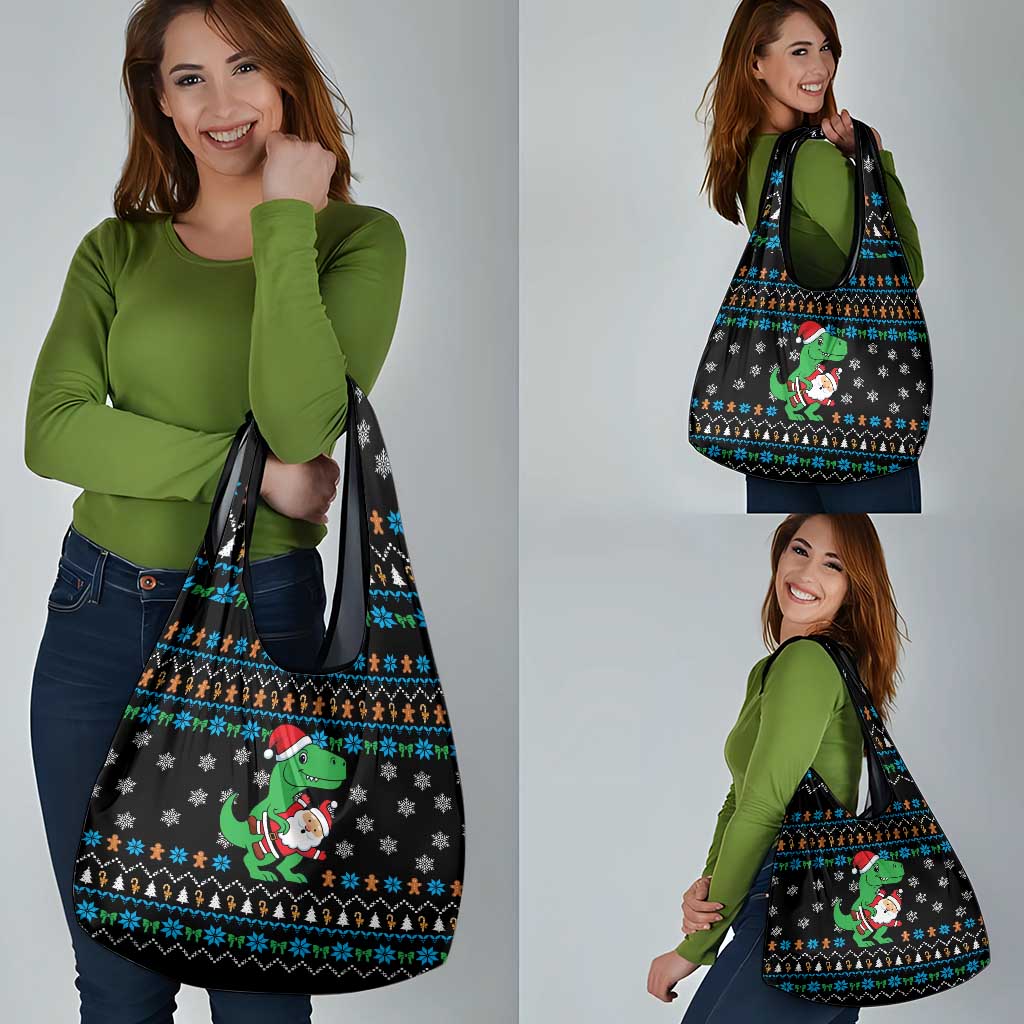 Funny Santa Riding Dinosaur Christmas Grocery Bag Gingerbread Snowflake Pattern - Wonder Print Shop
