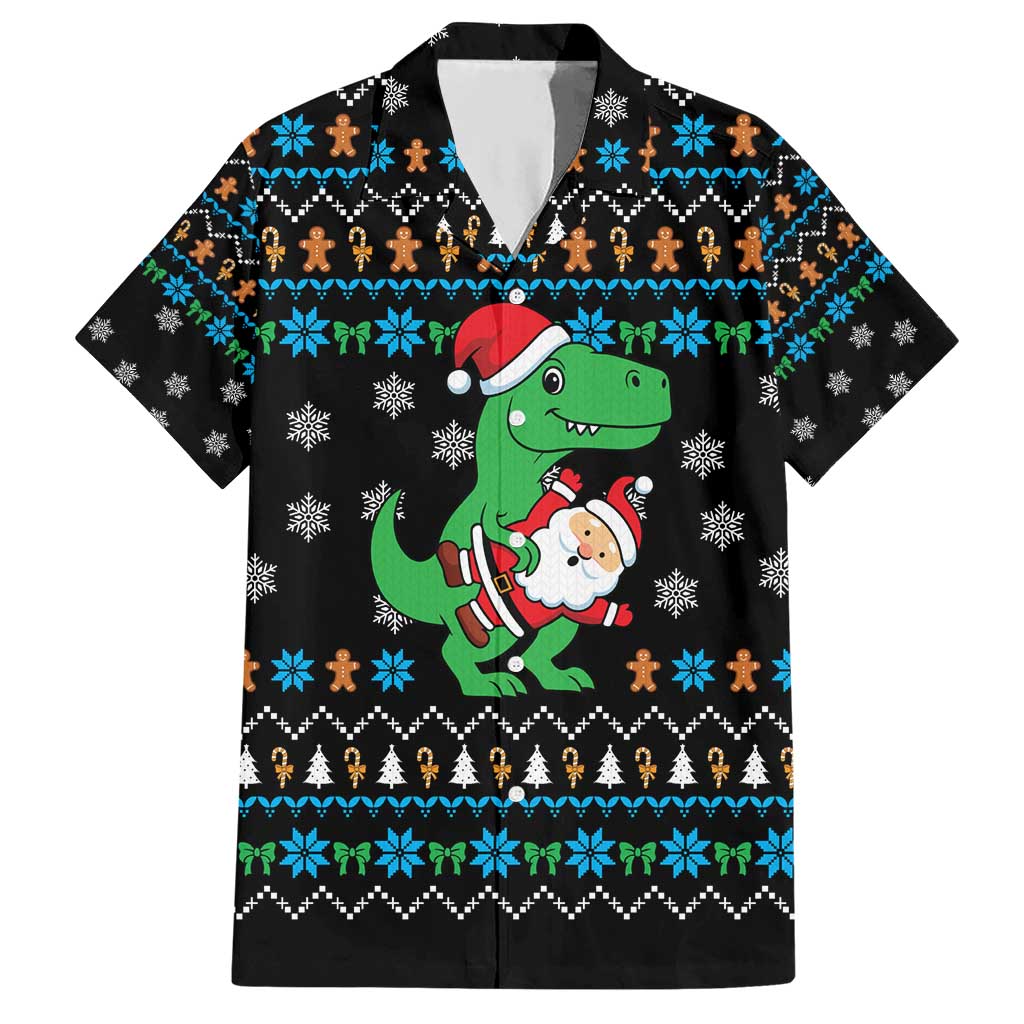 Funny Santa Riding Dinosaur Christmas Hawaiian Shirt Gingerbread Snowflake Pattern - Wonder Print Shop