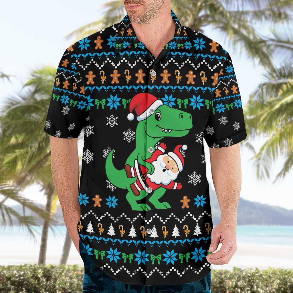 Funny Santa Riding Dinosaur Christmas Hawaiian Shirt Gingerbread Snowflake Pattern - Wonder Print Shop
