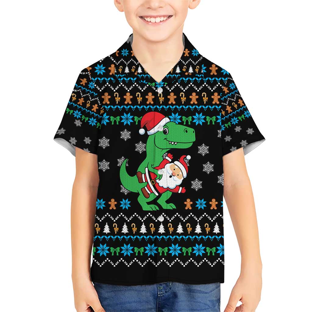 Funny Santa Riding Dinosaur Christmas Hawaiian Shirt Gingerbread Snowflake Pattern - Wonder Print Shop
