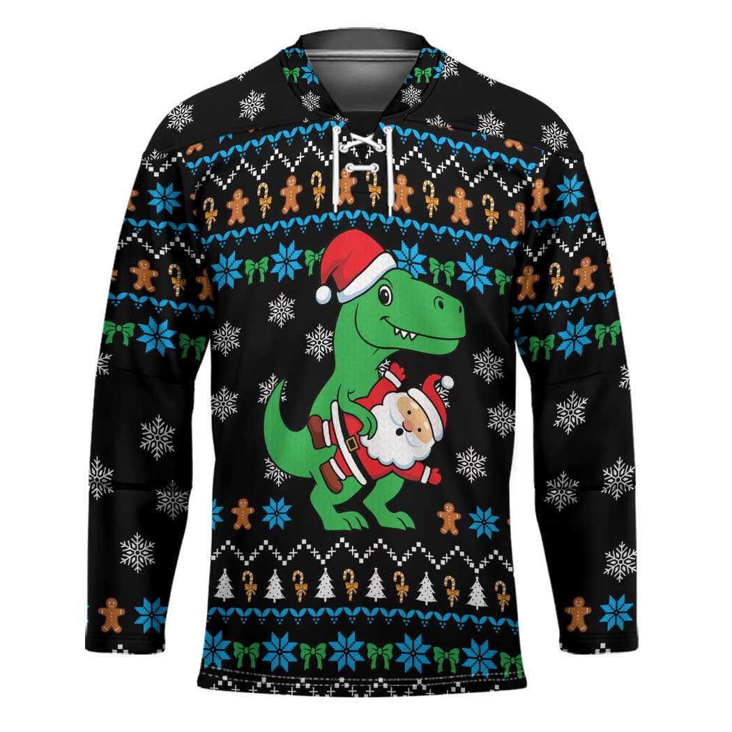 Funny Santa Riding Dinosaur Christmas Hockey Jersey Gingerbread Snowflake Pattern - Wonder Print Shop