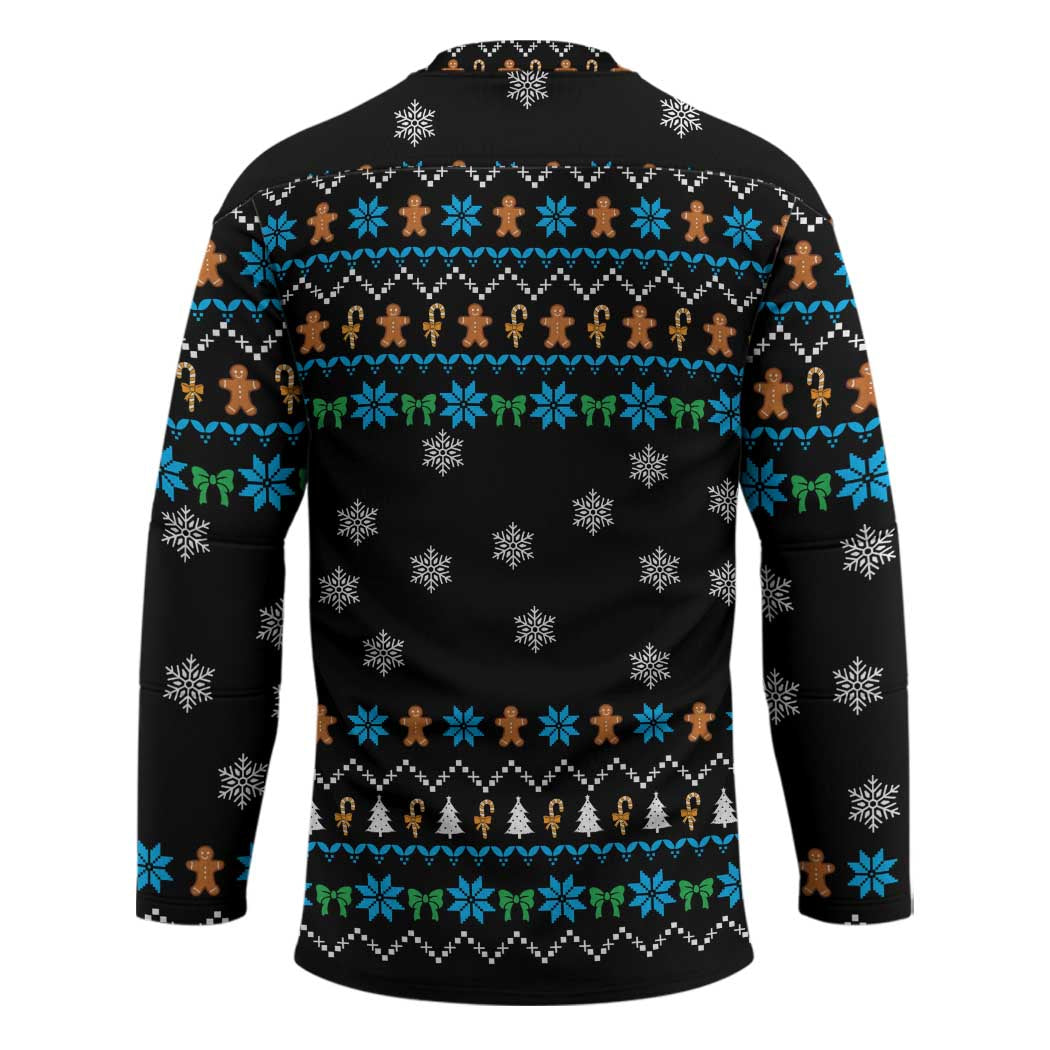 Funny Santa Riding Dinosaur Christmas Hockey Jersey Gingerbread Snowflake Pattern - Wonder Print Shop
