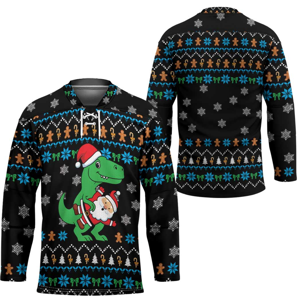 Funny Santa Riding Dinosaur Christmas Hockey Jersey Gingerbread Snowflake Pattern - Wonder Print Shop