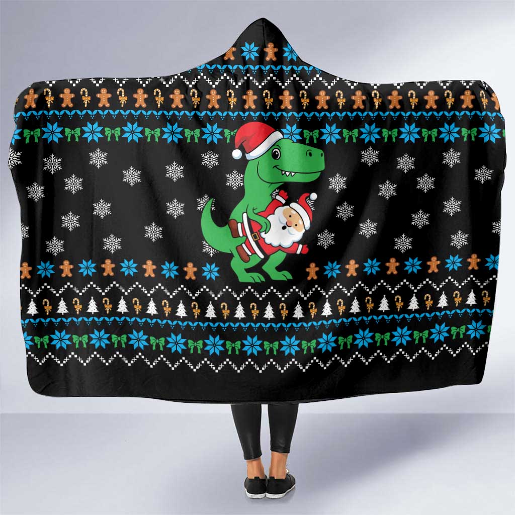 Funny Santa Riding Dinosaur Christmas Hooded Blanket Gingerbread Snowflake Pattern - Wonder Print Shop