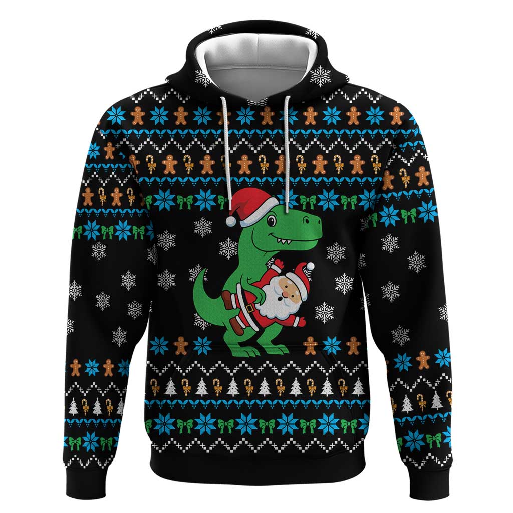 Funny Santa Riding Dinosaur Christmas Hoodie Gingerbread Snowflake Pattern - Wonder Print Shop