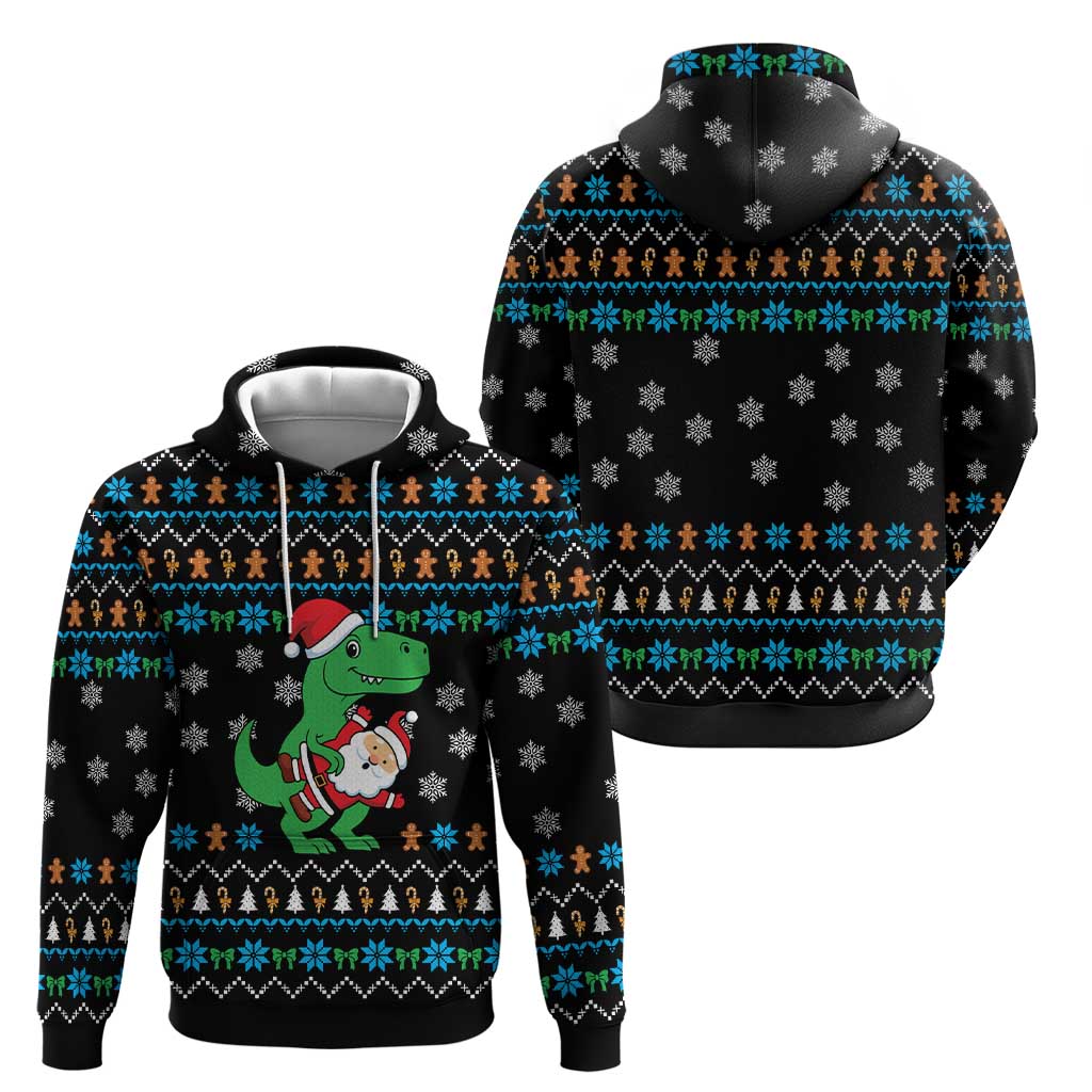 Funny Santa Riding Dinosaur Christmas Hoodie Gingerbread Snowflake Pattern - Wonder Print Shop