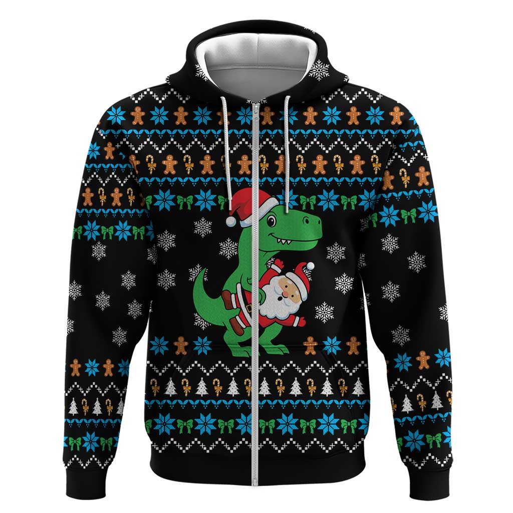 Funny Santa Riding Dinosaur Christmas Hoodie Gingerbread Snowflake Pattern - Wonder Print Shop