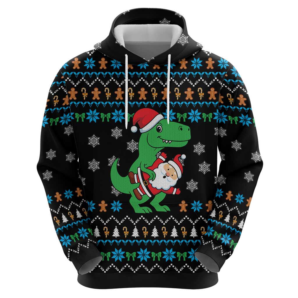 Funny Santa Riding Dinosaur Christmas Hoodie Gingerbread Snowflake Pattern - Wonder Print Shop