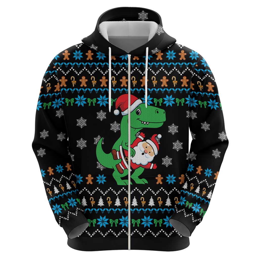 Funny Santa Riding Dinosaur Christmas Hoodie Gingerbread Snowflake Pattern - Wonder Print Shop