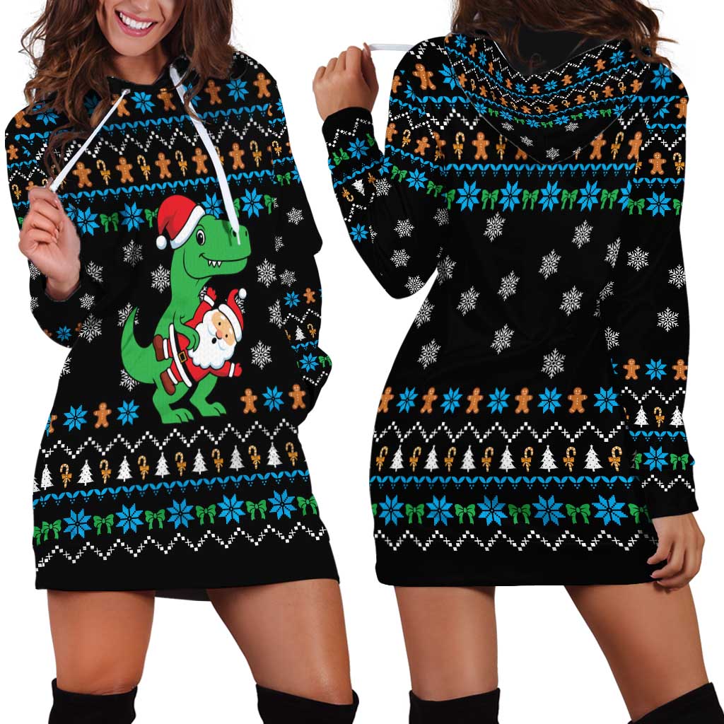 Funny Santa Riding Dinosaur Christmas Hoodie Dress Gingerbread Snowflake Pattern - Wonder Print Shop