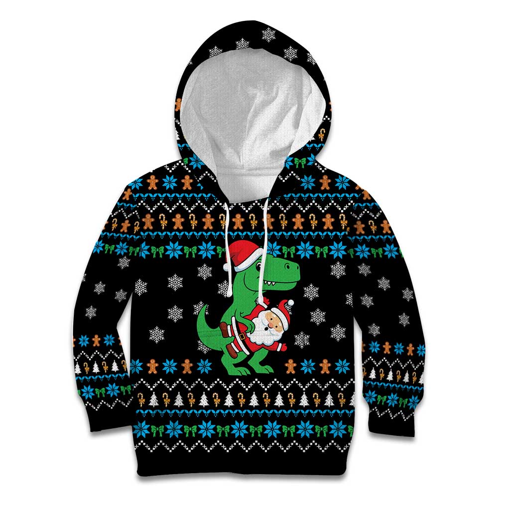 Funny Santa Riding Dinosaur Christmas Kid Hoodie Gingerbread Snowflake Pattern - Wonder Print Shop