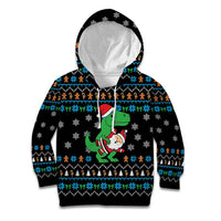 Funny Santa Riding Dinosaur Christmas Kid Hoodie Gingerbread Snowflake Pattern - Wonder Print Shop