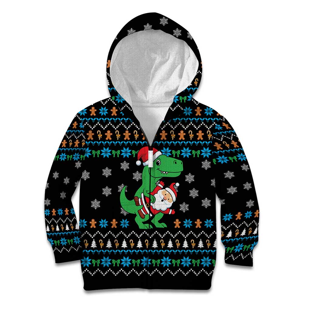 Funny Santa Riding Dinosaur Christmas Kid Hoodie Gingerbread Snowflake Pattern - Wonder Print Shop