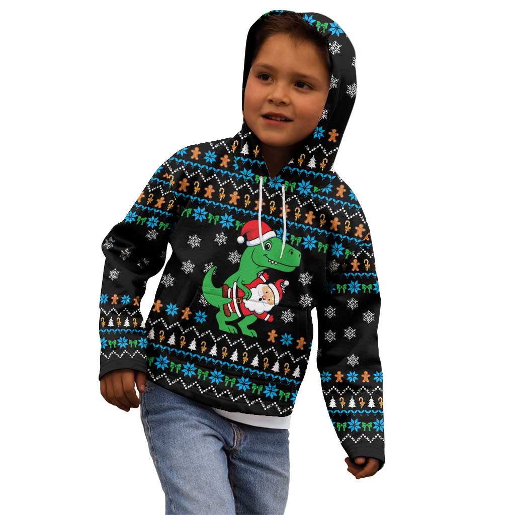 Funny Santa Riding Dinosaur Christmas Kid Hoodie Gingerbread Snowflake Pattern - Wonder Print Shop