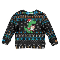 Funny Santa Riding Dinosaur Christmas Kid Ugly Christmas Sweater Gingerbread Snowflake Pattern - Wonder Print Shop