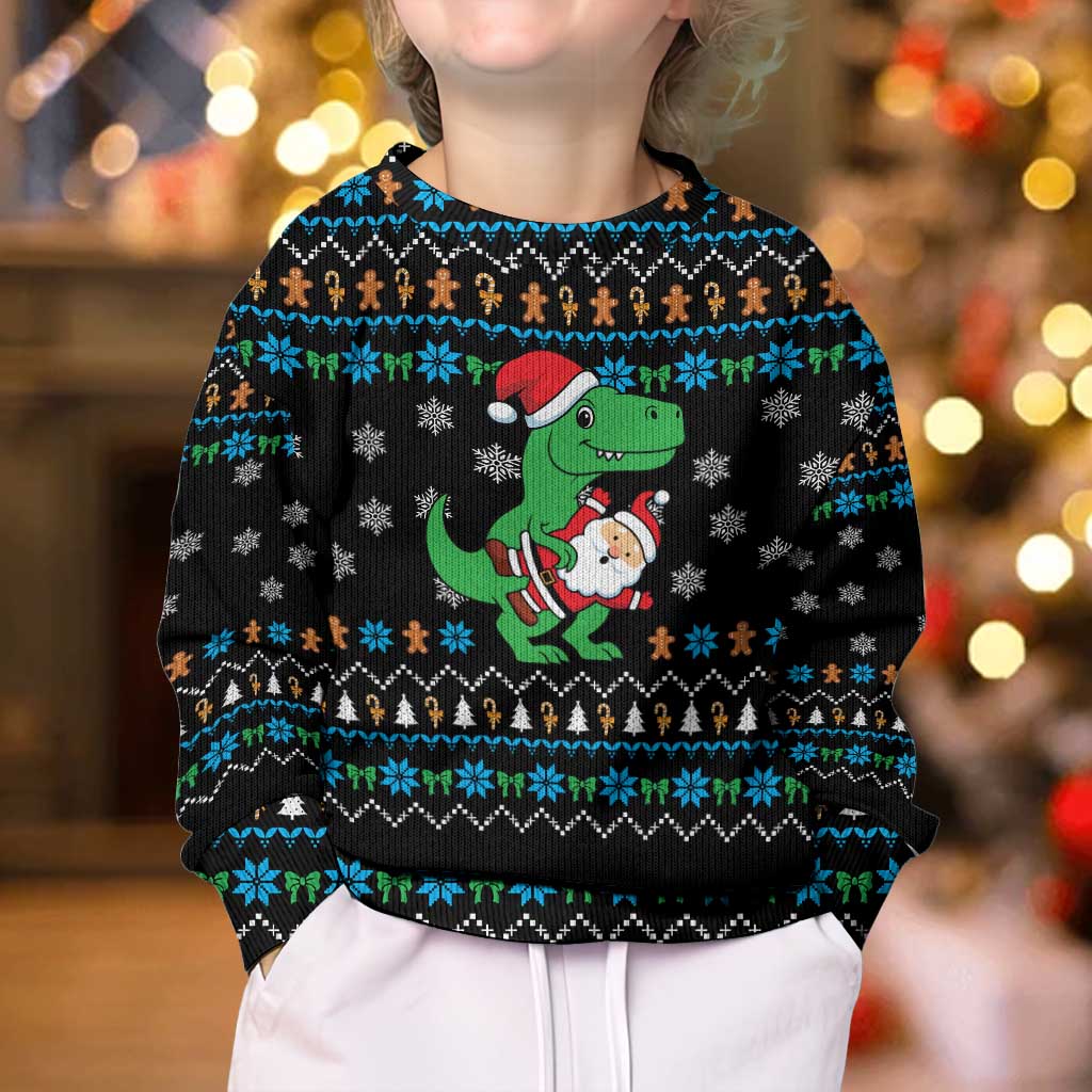 Funny Santa Riding Dinosaur Christmas Kid Ugly Christmas Sweater Gingerbread Snowflake Pattern - Wonder Print Shop